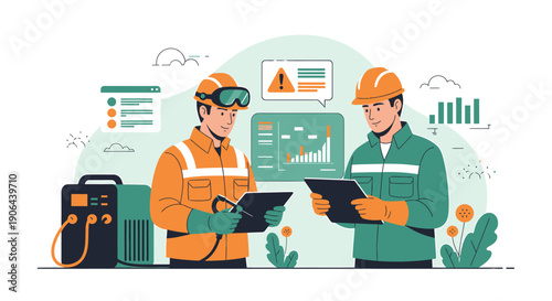 Two construction workers reviewing plans on tablets.