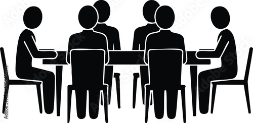 Minimalist Pictogram for Corporate Collaboration and Strategy, Stylized Vector of a Team Seated at a Conference Table, vector, illustration, silhouette.