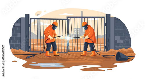Two construction workers welding a metal gate together outdoors.
