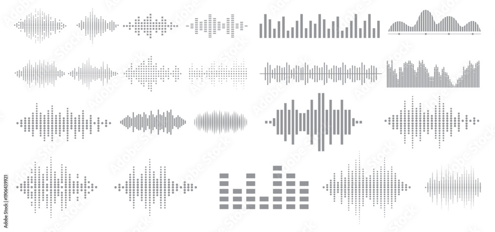 Obraz premium Podcast sound waves. Audio wave forms line, sound wave frequency or voice microphone signals. Music, podcast and broadcast and audio branding design. Sound wave