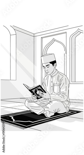A young man deeply engrossed in spiritual devotion, reading a sacred text while seated respectfully on a prayer mat within a serene architectural setting