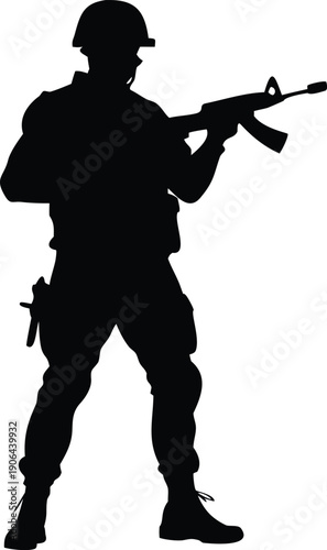 Silhouette of a soldier aiming a rifle representing conflict and military power
