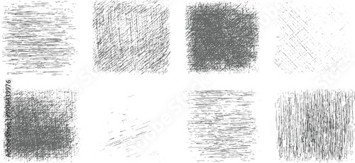 Eight grey textured grunge overlays with horizontal vertical and cross hatch patterns