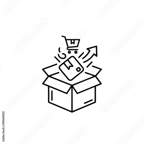 Illustration of a box opening with shopping cart and dollar sign icons