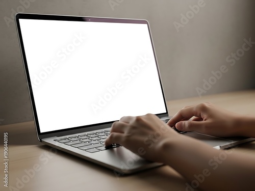 Person typing on laptop with blank screen on wooden desk indoors