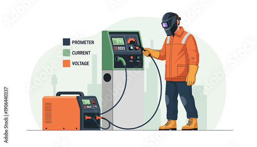 Welder operating industrial welding machine with digital display.