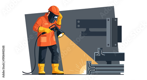 Welder wearing protective gear inspects metal structure with flashlight.