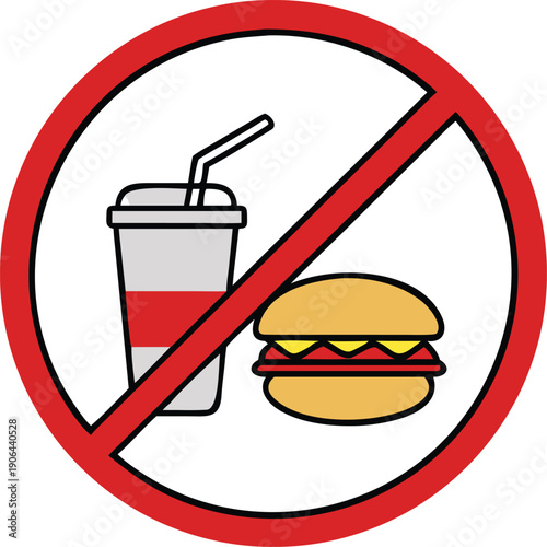 A red prohibition sign depicts a burger and soda indicating no food