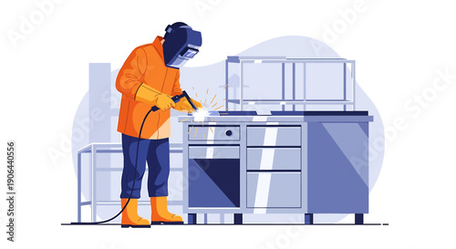 Welder working on metal structure with welding torch.