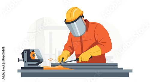 Welder working with metal and grinder safety gear.