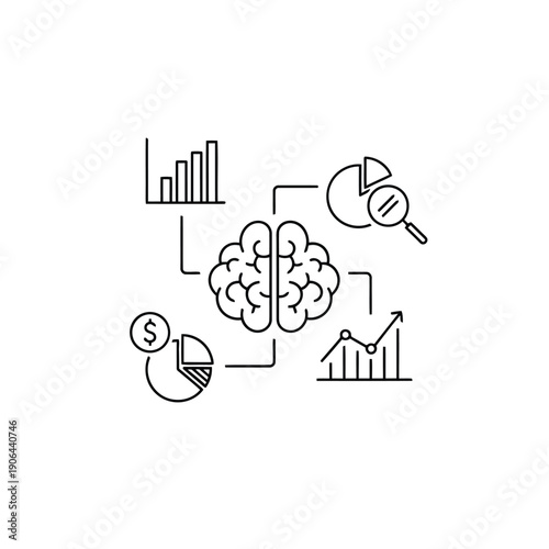 Illustration of data analysis and decision making with brain and charts