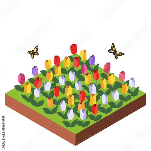 蝶々が舞うチューリップの花畑のアイソメトリックイラスト