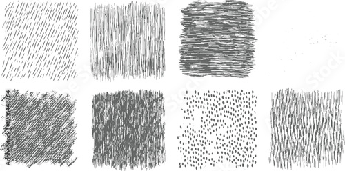 Eight grey textured patterns on white background including diagonal lines vertical lines horizontal lines and dots
