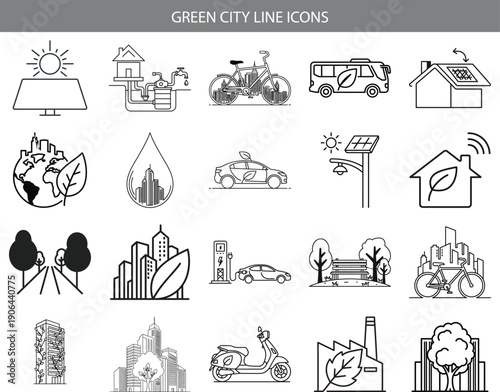 Collection of icons representing various green city infrastructure and sustainability elements Vector