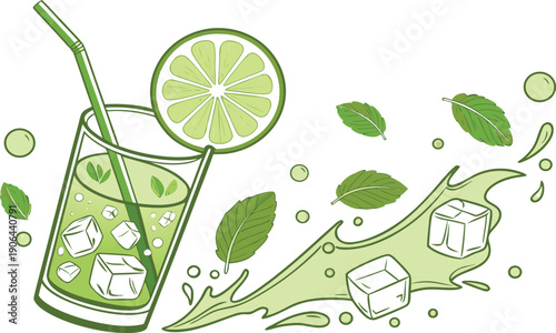 Vector illustration of a fresh mojito cocktail in a glass with green lime slices, mint leaves, and ice cubes isolated on a white background for a healthy citrus drink concept