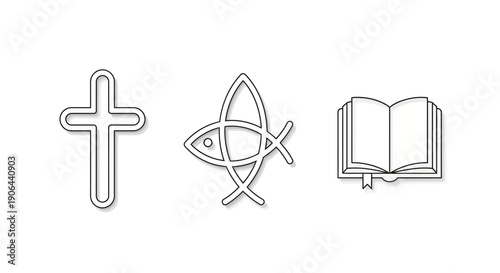 Simple line icons of cross, fish, and open book on white
