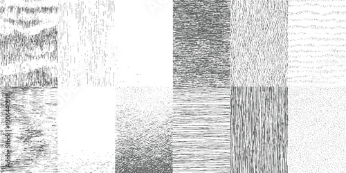 Collection of abstract monochrome textures and patterns featuring lines dots and scribbles