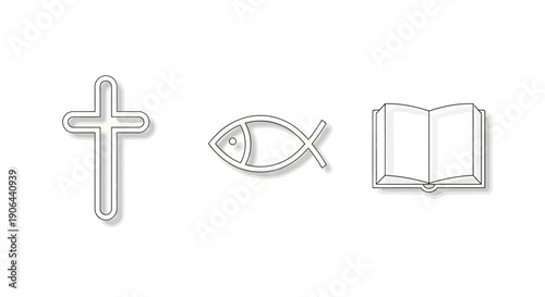 Christian symbols including cross, fish, and Bible