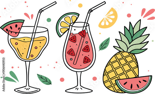Fresh summer cocktail with fruits and berries in a glass with ice and a straw, featuring a vector design of a refreshing alcohol beverage set for a bar party
