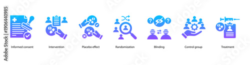 Clinical Study Methodology web banner featuring Informed Consent, Intervention, Placebo Effect, Randomization, Blinding, Control Group, and Treatment.