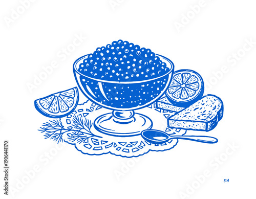Caviar illustration, vintage woodcut seafood, luxury food, sturgeon roe, appetizer, gourmet, retro, blue line art, lemon, bread, spoon, expensive delicacy, fine dining