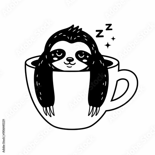 A cartoon sloth sleeps peacefully inside a large coffee cup, surrounded by sleepy symbols, in a simple line drawing style, viewed from the front.