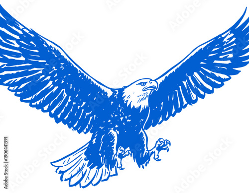 Blue eagle flying mascot illustration, bald eagle sketch, wings spread, talons attacking, raptor graphic, freedom, power, patriotic symbol, vector drawing, vintage style