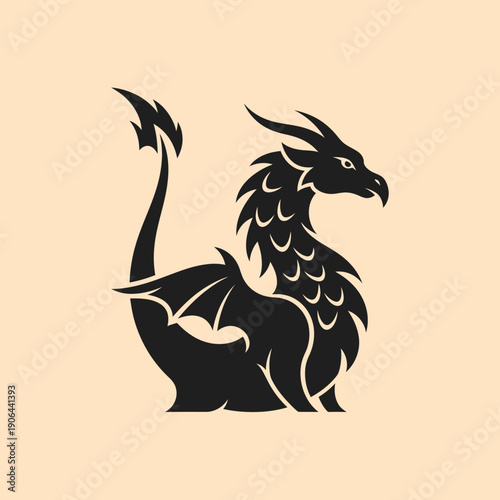 A majestic black dragon silhouette illustration featuring mythical creature, fantasy, art, wings, scales, and tail in a pale background from a side viewpoint.