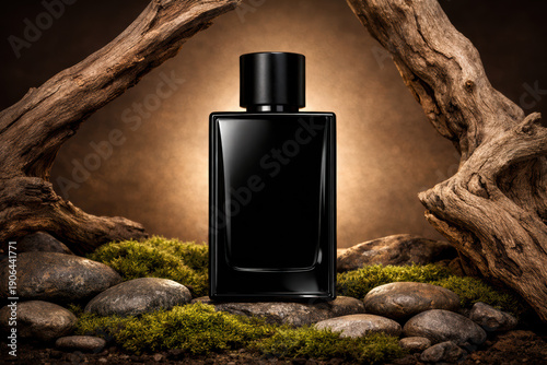 Mysterious Fragrance: An elegant, black perfume bottle stands amidst a natural, earthy setting, evoking a sense of luxury and sophistication, revealing the essence of an enigmatic allure.