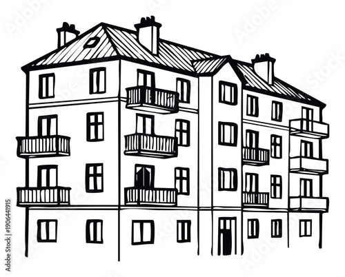Classic residential building drawing showcasing multistory architecture with balconies and chimneys, perfect for real estate presentations or architectural studies