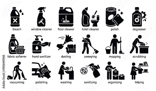 Comprehensive collection of cleaning product and household chore activity icons for illustrating various sanitation tasks, home maintenance, and professional service applications.