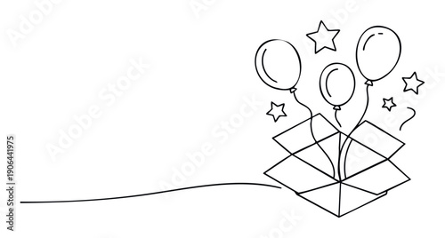 Outline sketch of a surprise delivery box releasing celebratory balloons and stars, ideal for party invitations, festive greetings, or special event marketing.