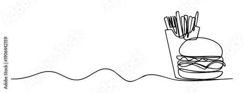 Minimalist continuous line art depicting a classic American burger and a box of french fries, ideal for quick service restaurant branding or casual dining advertisements