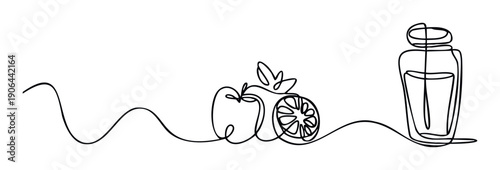 Continuous line drawing of fresh fruit including an apple and orange slice next to a beverage bottle, ideal for health and wellness marketing materials or minimalist branding visuals