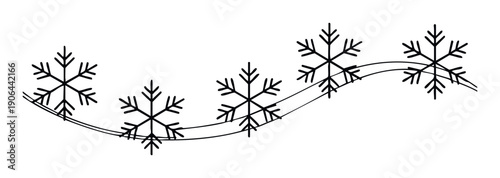 Decorative black snowflake line flowing along a wavy string, perfect for winter holiday greeting decorations, seasonal festive graphic backdrops, or chilly weather event invitations.