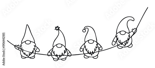 Charming line drawing of four festive gnomes with pointy hats and beards hanging on a string, perfect for holiday greetings, scrapbooking, or seasonal decorations and product packaging.