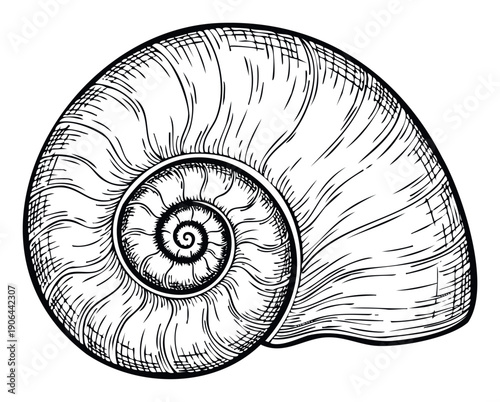 Finely rendered hand drawn spiral mollusk shell in a classic black and white engraving style, suitable for educational content, scientific studies, or elegant decorative designs celebrating