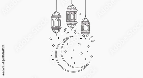 A minimalist vector illustration of hanging lanterns and a crescent moon