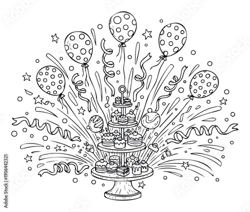 Hand drawn outline of a joyous party dessert spread with balloons and confetti burst, excellent for coloring pages, birthday event decorations, or childrens activity books.