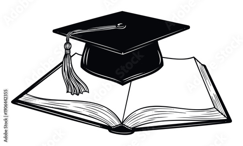 A graduation cap sits atop an open book symbolizing knowledge and academic achievement, perfect for university and school education materials, academic promotions, and learning resource