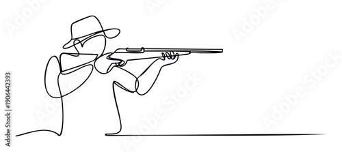 One continuous line drawing depicting a shooter in a hat holding a rifle, aiming for sport, hunting, or precision activities in various media publications and marketing.