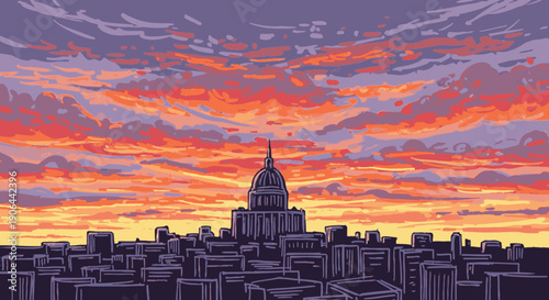 A dramatic pixel art cityscape at dusk, featuring a majestic dome building silhouetted against a breathtaking, fiery sunset sky with vibrant hues.