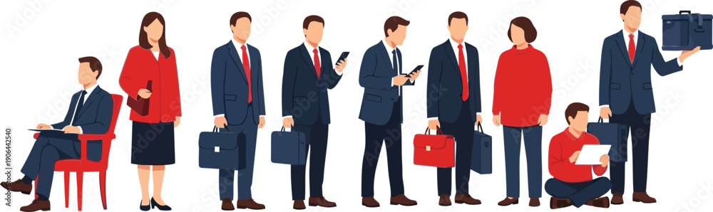 Obraz premium Diverse group of business professionals in various poses with briefcases and mobile phones vector illustration