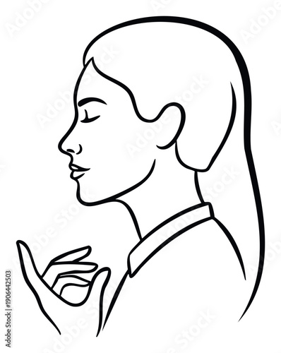 Minimalist black outline drawing of a serene woman with closed eyes and a gentle smile, holding her hand open, perfect for spiritual wellness publications, mindfulness marketing, or