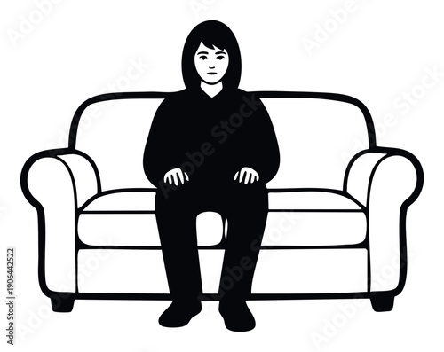 Monochromatic graphic portrayal of a woman sitting on a sofa, ideal for conveying concepts of comfort, solitude, home life, or introspection in contemporary visual media projects.