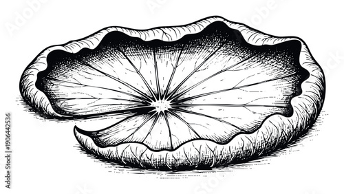 Detailed botanical drawing of an aquatic lotus leaf with intricate venation, ideal for natural history themes, garden publications, or vintage decor projects.