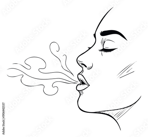 A serene womans profile exhaling a wispy stream of vapor or smoke, conveying a sense of calm and gentle contemplation, ideal for wellness, beauty, or lifestyle related visual content