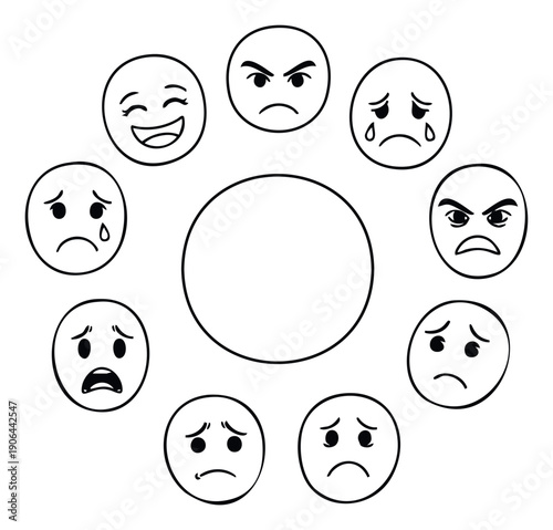 A collection of diverse facial expressions and human emotions surrounding an empty central circle, ideal for depicting psychological concepts, emotional intelligence learning tools, or mood