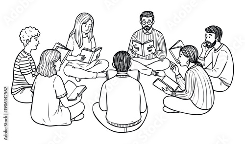 Diverse group of young adults and adults engaging in a book club discussion while sitting in a circle, ideal for educational publications and community literacy programs
