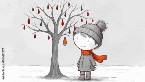 A cute child observing a tree with red decorations in winter. The child is wearing a hat and scarf, exuding joy and wonder. 